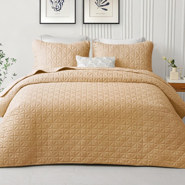 Exclusivo Mezcla Queen Size Quilt Sets, Lightweight Camel Quilts Geometric Stitched Pattern with 2 Pillow Shams, Ultra Soft Quilted Bedspreads Bedding Coverlets for All Seasons