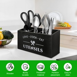 FORNORM Kitchen Utensils Holder, Wooden Utensil Pot with 3 Compartment Large Black Utensil Holder for Kitchenware Spatula Soup Ladle, 30x12x17 CM