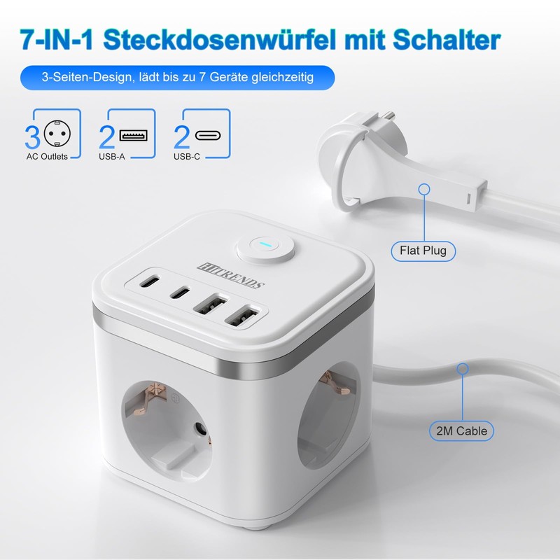Socket Cube with USB 2 m with Plug Flat