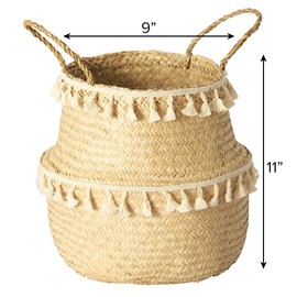 Artera Woven Seagrass Plant Basket - Wicker Belly Basket Planter Indoor with Plastic Liner and Handles, Natural Plant Pot for Fiddle Leaf Fig Tree, Snake Plant (M, Natural with Tassel Macrame)