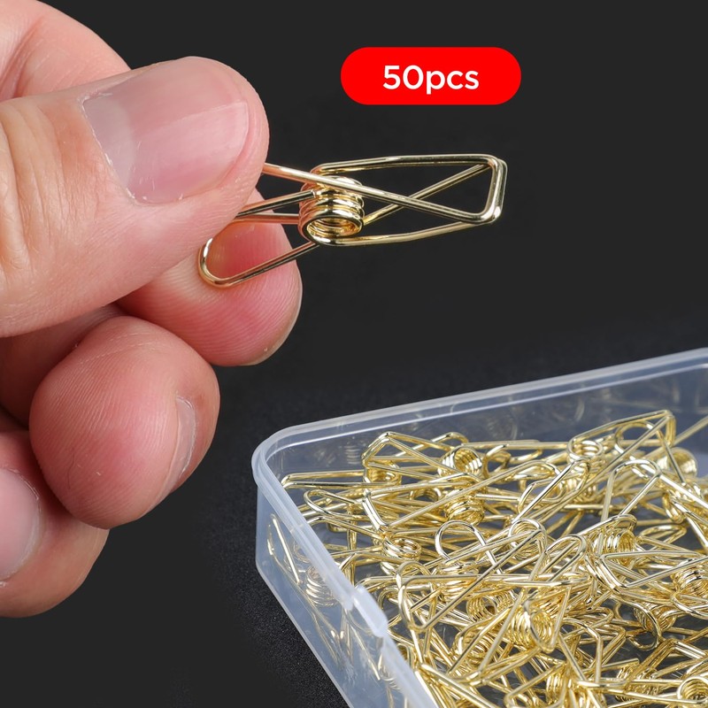 50PCS Small Gold Paper Clips, Multi-Purpose Metal Wire Hollow Invoice