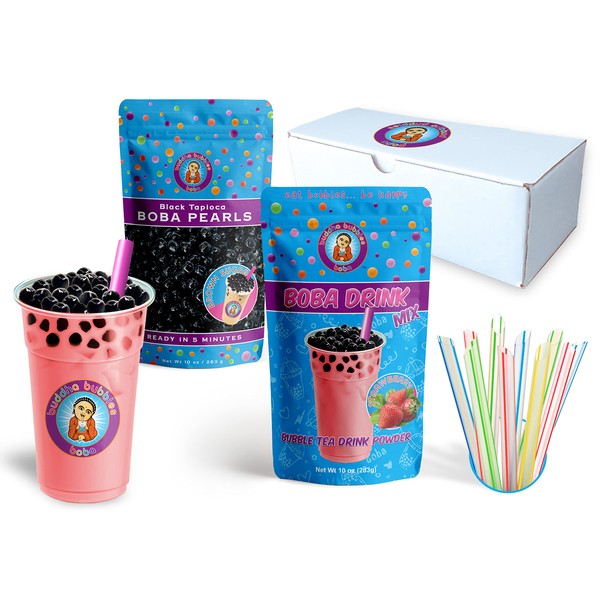 STRAWBERRY CREAM Boba Tea Kit / Gift Box Includes Tea Powder, Tapioca Pearls & Straws By Buddha Bubbles Boba
