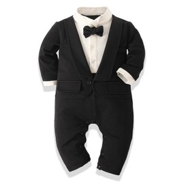 EVGVAT Baby Boy Suit Formal Gentleman Wedding Romper Jumpsuit Set Outfit Tuxedo (Black, 6-9Months)