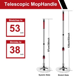 Spin Mop Replacement Handle， 360° Swivel Adjustable, 2 Reinforced Locking Telescopic Rods + 3 Reusable Microfiber Mop Refills + 1 Stainless Steel Tray for Multi-Scenario Cleaning Mop in Home Kitchen