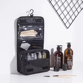 Toiletry Bag Travel Bag with Hanging Hook, Water-resistant Makeup Cosmetic Bag Travel Organizer for Accessories, Shampoo, Full-size Container, Toiletries (Black)