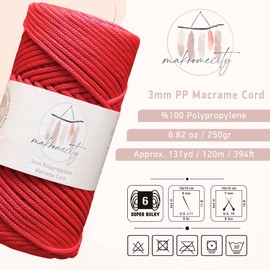Makromecity, Macrame Cord Polyester 3mm x 120m 3mm Polypropylene Red Macrame Cord Crochet Macrame Bag Cord for Wall Hangings Bags Saucers Carpet