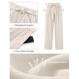 AusLook Women's Plus Size Wide Leg Pants with Pockets Ivory 1X Lightweight High Waisted Tie Knot Paperbag Dressy Palazzo Loose Paper Bag Comfy Business Casual Work Flowy Dress Trousers