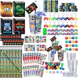 RoundFunny 265 Pcs Video Game Party Favors Gamer Birthday Party Decorations Gamer Cups Notebook Pencils Sharpener Keychain Slap Bracelets Ring Stamp Sticker for Gaming Supplies Reward Gift