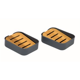simplywire – Pack of 2 – Plastic Soap Dishes with Natural Slanted Bamboo Shelf – Bathroom Soap Holders - Grey