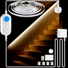 NIVOTA Dual Sensor Stair Light Strip, Double Motion Activated Sensor LED Strip Light for Stairway (Power Adapter (9.84FT Cable), Warm White 3000K (32.8FT White Light Strip))