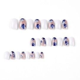 IMSOHOT Press on Nails Oval Short Fake Nails Glossy Glue on Nails White Blue Flower Round Acrylic False Nails with Designs Full Cover Cute Artificial Nails for Women 24Pcs
