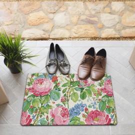 Vintage Pink Rose Floral Door Mat, Cottage Core Botanical Flower Doormat Indoor Outdoor Outside Entrance Entryway, Farmhouse Floral Welcome Mat for Front Door, 17x30 Inch