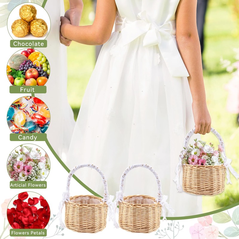 Set of 2 Wicker Rattan Flower Girl Basket for Wedding