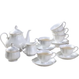 GuangYang 15-pcs Porcelain Tea sets for Adults, Off White Embossed Pattern with Gold Trim (A set Included 1 Teapot, 1 Sugar Bowl, 1 Cream Pitcher, 6 Cups and 6 Saucers)