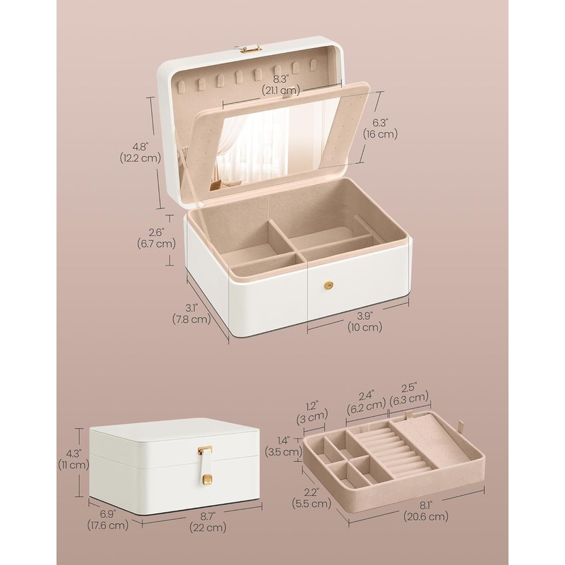 SONGMICS Jewelry Box with Mirror, 2-Layer Jewelry Holder Organizer, Travel