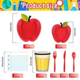 175 Pcs Back to School Party Supplies Tableware Set – Serves 25, Red Apple and Notebook Paper Theme Disposable Plates, Cups, Napkins, Forks, Spoons, Knives for Classroom, Teacher, School Decorations