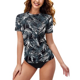 Women's Breathable Rash Vest Sun Protection UPF 50+ Quick Drying Swimming Tops Black Leaves XL