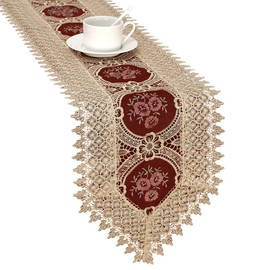Simhomsen Vintage Gold Burgundy Lace Table Runner and Dresser Scarves Embroidered 13 × 48 Inch