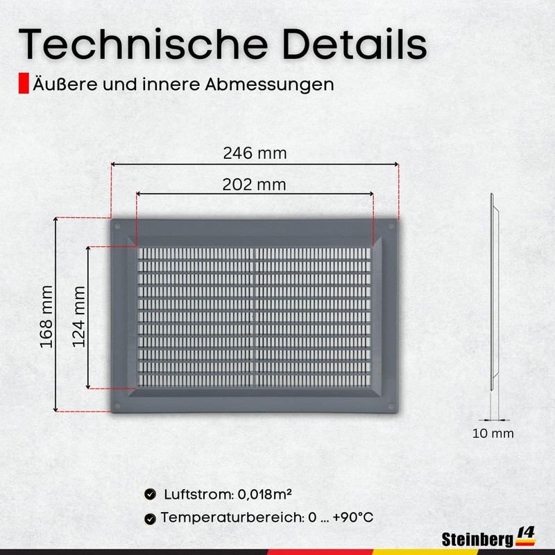 Steinberg14 Grey Ventilation Grille 250 x 170 mm - Plastic