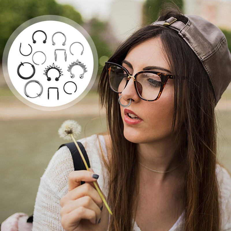 SAFIGLE 12pcs Stainless Steel Ear and Nose Ring Silver Nose
