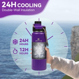 YSSOA Insulated Water Bottles 24 oz, Stainless Bottles with Lanyard & Wide Mouth Spout Lid, Leak Proof, Double Wall Vacuum Water Bottle, Keep Drinks Hot & Cold for Hiking Camping - Purple