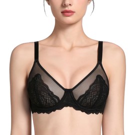 Lemorosy Women's Full Coverage Underwire Lace Unlined Minimizer Bra for Heavy Breast (44D, Black)