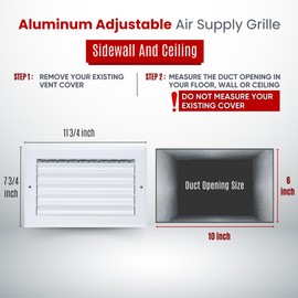 Fits 10x6 Duct Opening Aluminum 1-Way Adjustable Air Supply Grille by Handua | Curved Blade Register Vent Cover for Sidewall & Ceiling | White | Outer Size: 11.75" X 7.75"