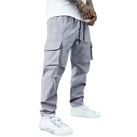 WZIKAI Men's Casual Cargo Pants Elastic Waist Drawstring Joggers Pants Athletic Techwear Jogging Sweatpants with Pockets Grey L