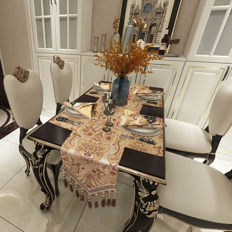 Grelucgo Luxury Thick Lined Damask Table Runners with Multi-Tassels (12x88