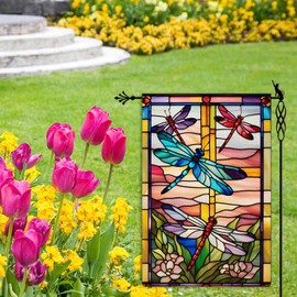 Jauageon Spring Summer Dragonfly Garden Flag Stained Glass Style Flowers Garden Flag Vertical Double Sided Rustic Farmland Burlap Yard Lawn Outdoor Decor 12.5x18"
