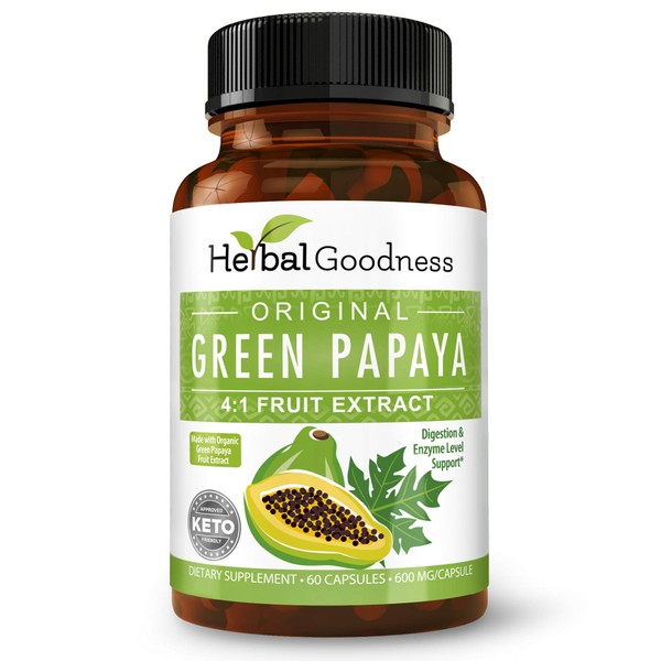Green Papaya Fruit Extract 4X Strength - 60/600mg Veggie Capsules – Probiotic with Multi Digestive Papaya Enzymes, Gut Health - Herbal Goodness