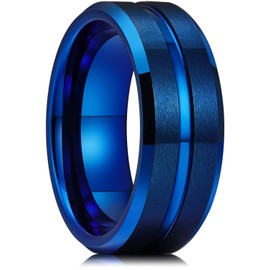 King Will 8mm Basic Wedding Ring For Men Blue Electroplated Tungsten Ring with A Thin Polished Center Inlay Design Brushed Matte Surface Smooth Beveled Edge Comfort Fit 14