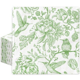 80Pcs Green Floral Paper Napkin Vintage Flower Bird Luncheon Napkin Disposable Dinner Napkin for Home Kitchen Tea Party Supplies