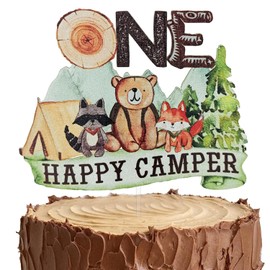 One Happy Camper - Decoración para tartas de 1er cumpleaños, decoración para tartas de montaña, bosque, decoración para fiestas de primer cumpleaños, suministros para fiestas de camping, suministros para tartas