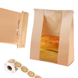 Dualshine 100 Pcs Bread Bags for Homemade Bread Sourdough Bags Paper Kraft with Window 14" x 8.3" x 3.5" with Tin Strip and 500 Pcs Seal Stickers for Cookies Coffee Beans and Bakery