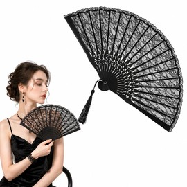 SUPVOX Black Lace Folding Fan Spanish Hand Fan for Women Victorian Style Pocket with Embroidered Lace Flower Pattern and Tassel Pendant for Wedding Party Fancy Dress Dance