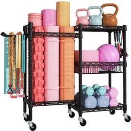 FUTASSI Home Gym Storage, Rolling Yoga Mat Storage and Organizer, Sports Equipment Storage Rack for Yoga Mats, Dumbbells, Kettlebells, Foam Rollers, Resistance Bands, 11.8"D x 36"W x 32.5"H, Black