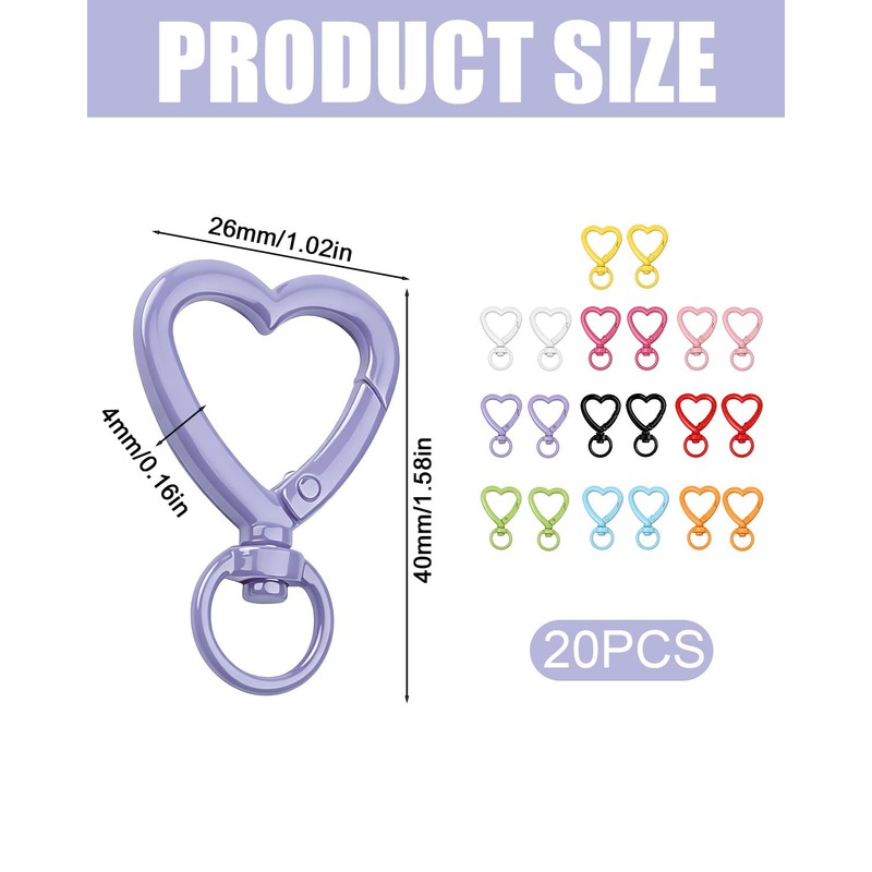 20Pcs Mixed Heart Keychain Clip Heart Carabiner Key Chain Hooks