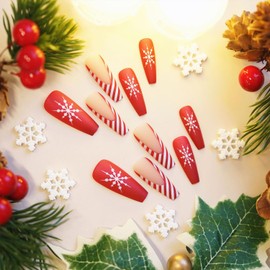 Vopintpy Christmas Press on Nails Long Square Fake Nails Winter Xmas Snowflake Glue on Nails with Red White Stripe French Tip Designs Reusable Matte Stick on Nails for Women