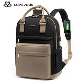 LOVEVOOK Laptop Backpack with USB Port, Backpack Purses for Women, Ideal Travel Backpacks for College, Work, Nursing, Travel, School Backpack, and Personal Item:_Khaki-Black_17.3" - 12.8"L * 19"H * 7.7"D