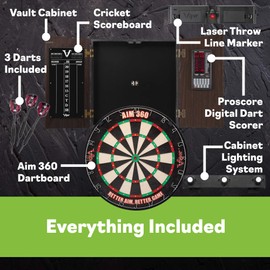 Viper Vault Deluxe Dartboard Cabinet with Integrated Pro Score, AIM 360 Sisal Dartboard, Laser Dart Throw Line, Shadow Buster, and Black Mariah Steel Tip Darts, Mahogony Finish