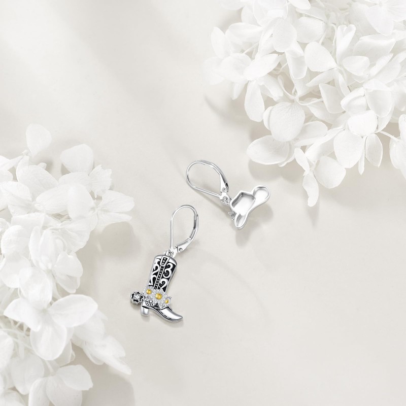 AXOMY Cowboy Earrings 925 Sterling Silver Cowgirl Boot Hat Dangle