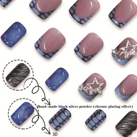 Short Press on Nails Square Shape Fake Nails Blue French Tip Glue on Nails 3D Water Ripple RIICFDD False Nails Star Nail Charms Stick on Nails Full Cover Glamorous Acrylic Nails for Women 24 Pcs