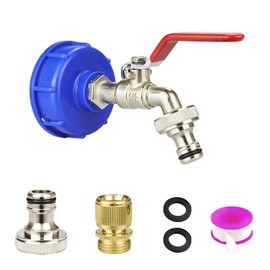 TMOK 275-330 Gallon IBC Tote Tank Adapter, 2" Coarse Thread,1/2“ x 3/4" Brass Hose Faucet (Nickel plated copper red handle faucet) With Brass Garden Hose Quick Connector