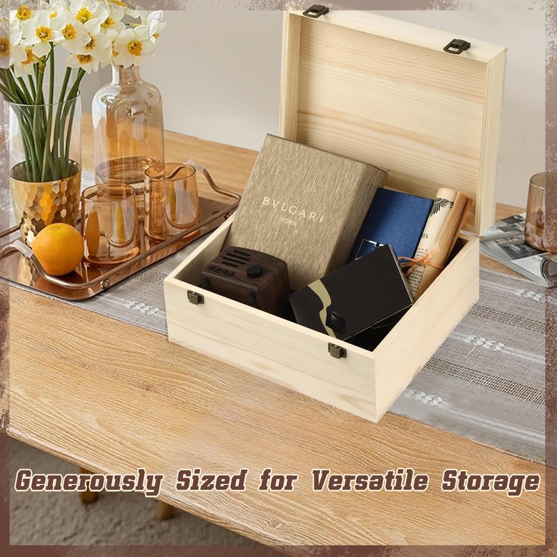 HIPNOOK Unfinished Wood Boxes Large Wooden Boxes with Hinged Lid