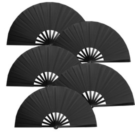 ATTRACME 5PCS Large Chinese Folding Fans for Line Dancing, Clacking Fans for Line Dancing, Foldable Handheld Fans, Popping & Clapping Hand Fans Bulk Set (Black)