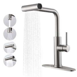 FROPO Waterfall Kitchen Faucet with Pull Down Sprayer, 4 Modes (Sweep/Stream/Waterfall/Spray), 360° Swivel Stainless Steel Kitchen Sink Faucet Single Lever Handle Brushed Nickel Sink Faucet