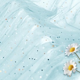 Horbaunal Light Blue Glitter Tulle Fabric Rolls 54 Inch Wide by 3 Yard Star Moon Sequin Tulle Rolls, Tulle Netting Fabric for Tutu Skrits DIY Craft Wedding Backdrop Party Decorations
