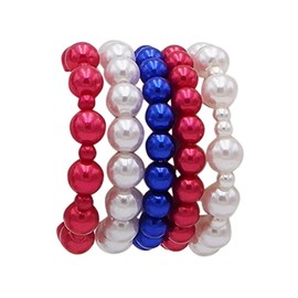 Rosemarie & Jubalee Women's Statement Set Of 5 Stacking Pearl Bead Stretch Bracelets, 6.75" (Solid Strip Red White Blue USA)