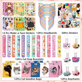 110Pcs Cat Party Favors for Kids - Cat Themed Birthday Party Supplies Cat Ears Headband Cat Keychain Cat Stickers Cat Slap Bracelets Goodie Bag Stuffers Pinata Fillers for Girls